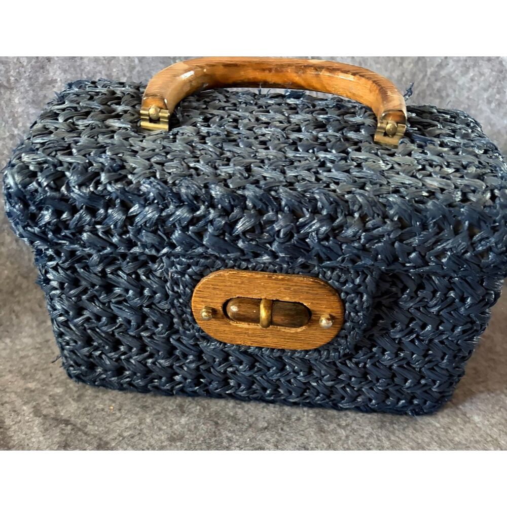 Vintage Jordan Marsh MCM 50's 60's Tiki Retro Blue Woven Raffia Lunchbox Purse